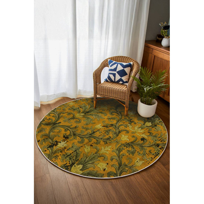 Colchique Collection Digital Print Cotton-Polyester Green Yellow Floral Rug, Round 3'4"