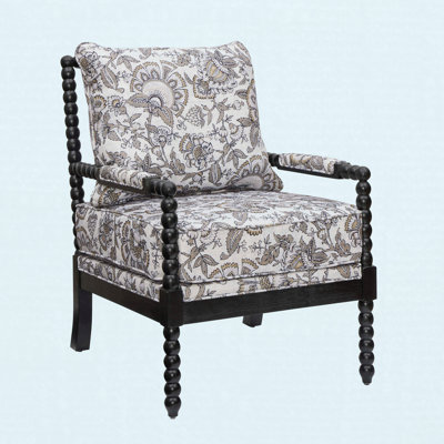 Spool Accent Chair, Upholstered Turned Wood Frame Armchair, Floral Pattern, Living Room