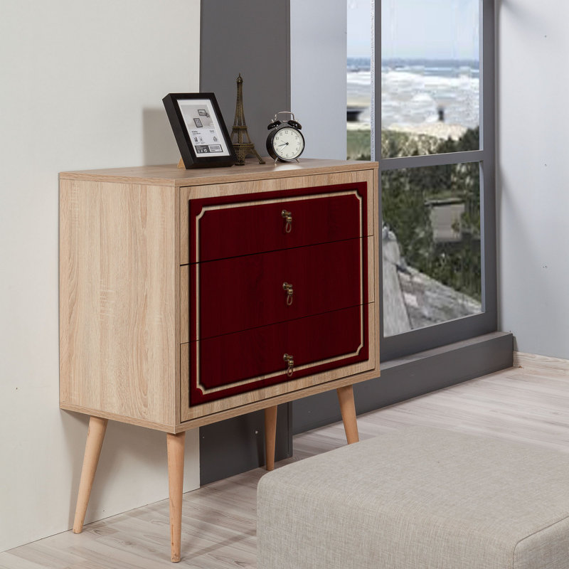 Commode 3 tiroirs l 31,5 po Bostick, Rouge / Beige