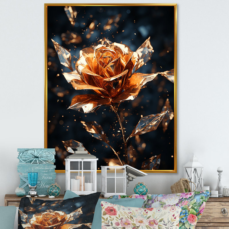 Art mural doré doré et roses noires I - Rose, Cadre flottant doré, H 20 po x l 12 po