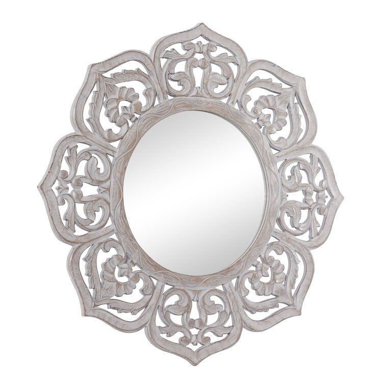 Small Round Mirror, Carved With Roses, Home Decor, Wood Frame