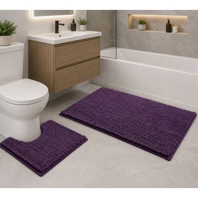 Ensemble de 2 tapis de bain extra larges en chenille douce et moelleuse, violet prune.