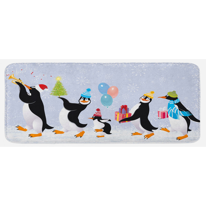 Ensemble de penguins en capitales marchez sur la neige avec un tapis de cuisine multicolore surprise