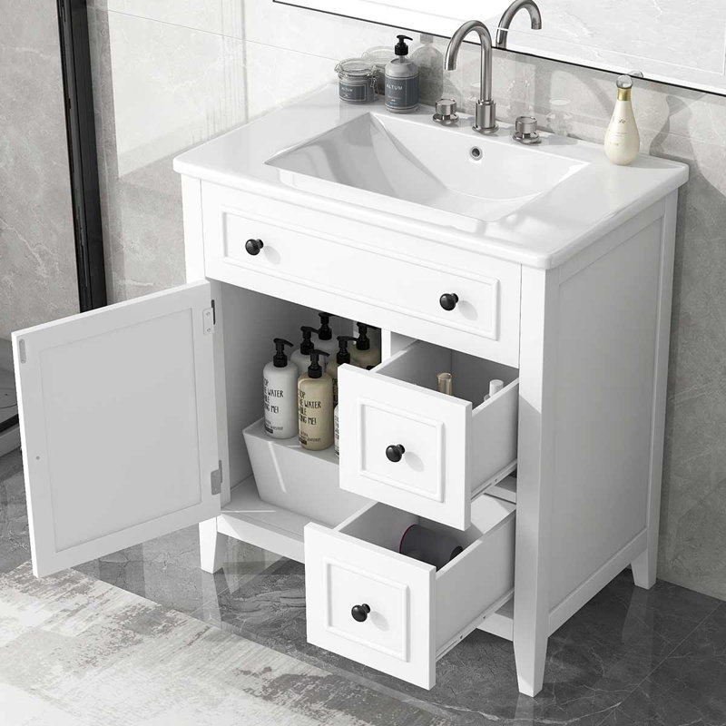 Meuble-lavabo 30 po avec meuble-lavabo en céramique avec porte et deux tiroirs, Blanc