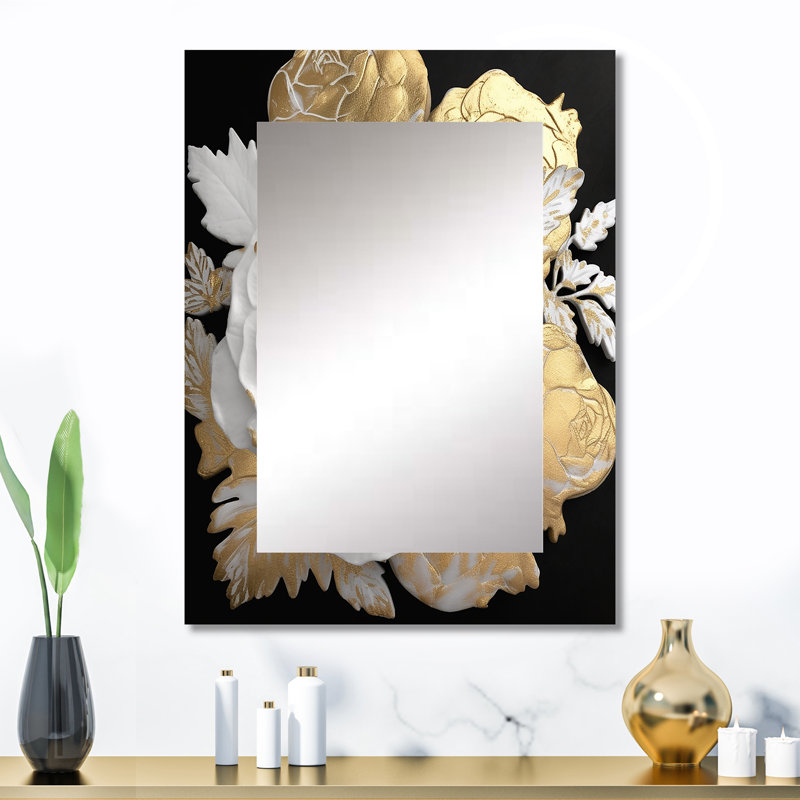 Exquisite White Rose Blooming Floral Gold Glam I - Rose Unique Mirror, Traditional Large Wall Mirror, Printed Metal Art