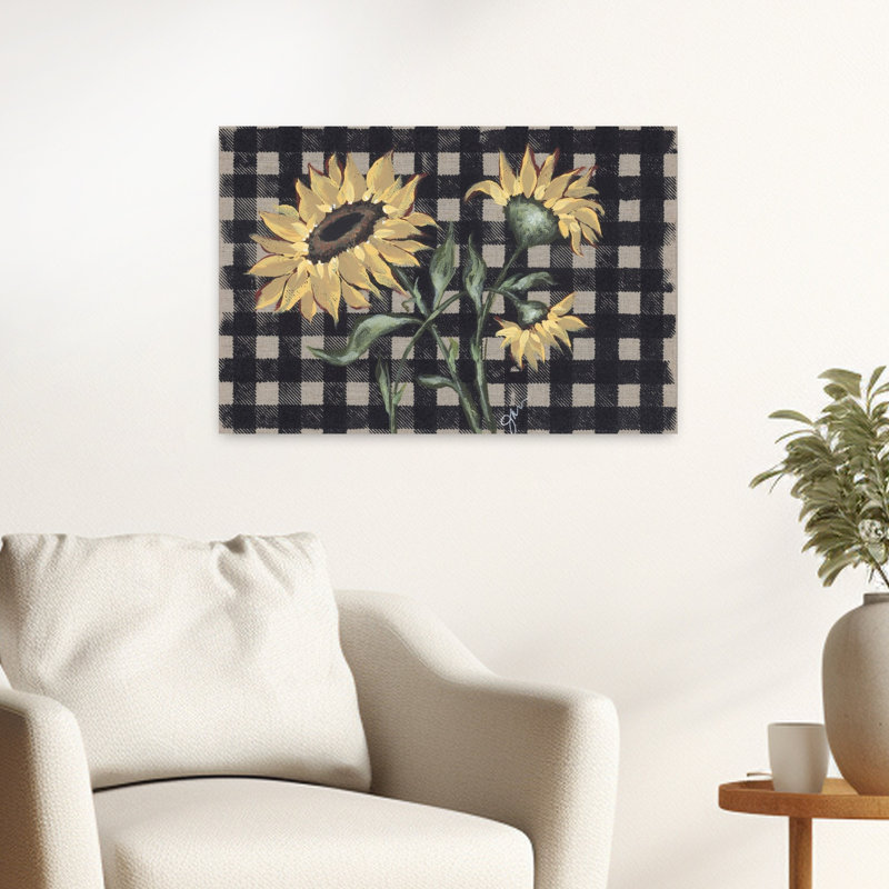 Tournesols à carreaux II, art contemporain de tournesol abstrait, H 16 po x l 24 po