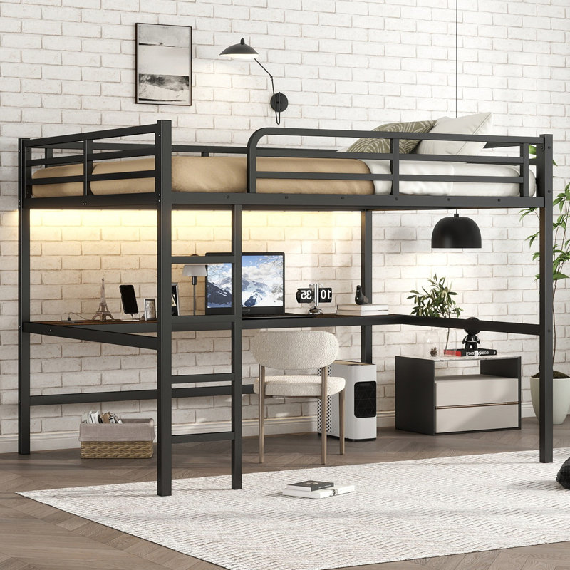 Lit mezzanine en métal avec prise de courant et éclairage DEL - Économie d'espace, Très grand simple, Black