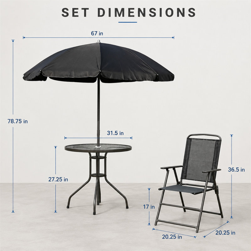 Ensemble de conversation de patio 6 pièces avec 4 chaises pliantes, table en verre trempé et parasol 67 po