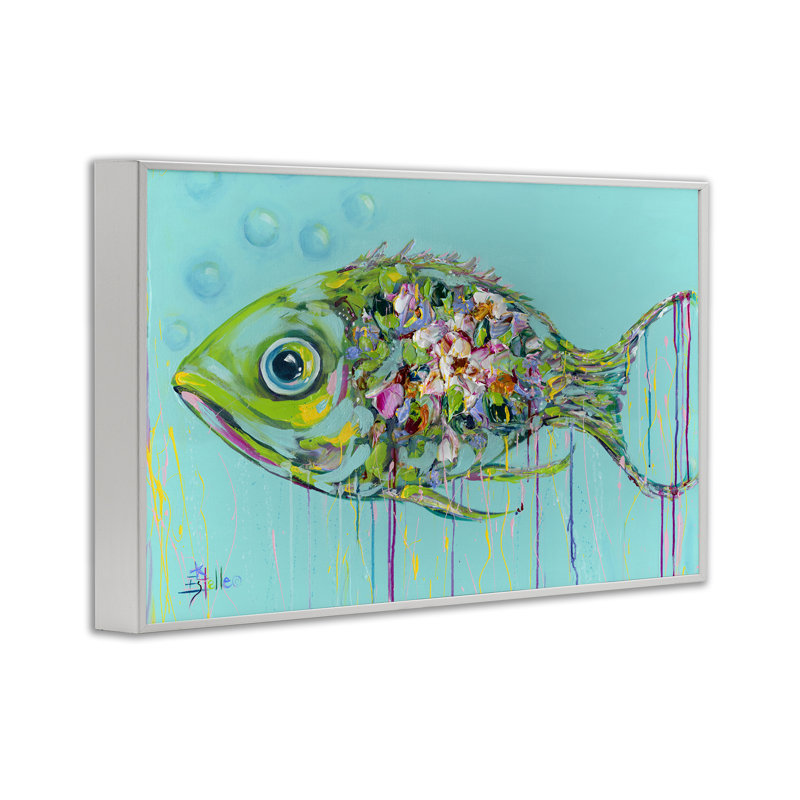  Art giclée Painterly Drip Fish par Estelle Grengs, Estampe numérique encadrée blanc bord de mer, H 20 po x l 30 po