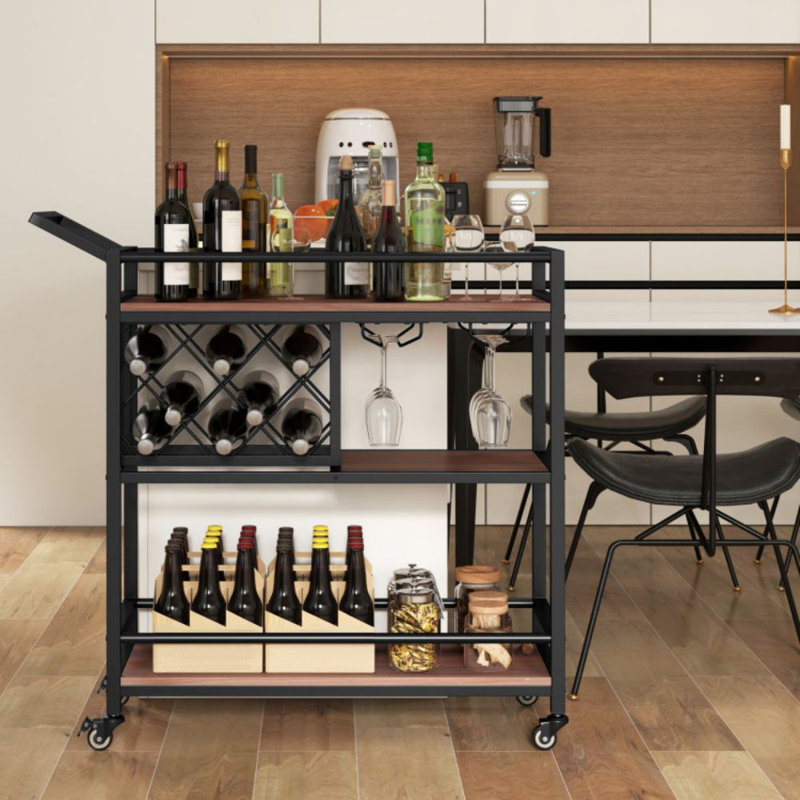 3-Tier Bar Cart On Wheels Home Kitchen Serving Cart With Wine Rack And Glasses Holder, Brown
