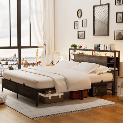 Bed Frame With Charging Station And RGB LED Lights, Headboard With Storage No Box Spring Needed