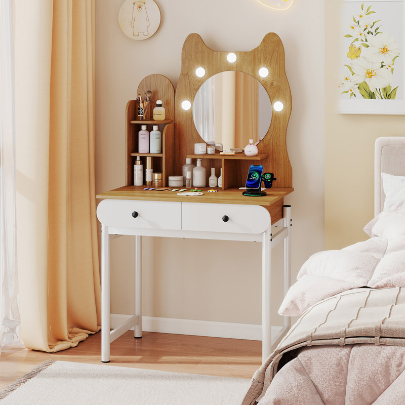 Small Vanity Desk w/ Mirror & Lights Cute Kitty Makeup Table w/Power Outlets
