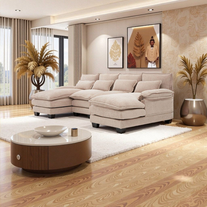 Canapé modulaire en U avec méridienne double en U et canapé en chenille, Chenille brun