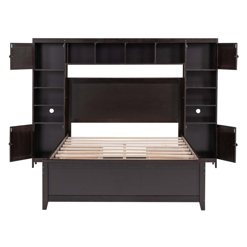 Structure de lit en bois avec armoire et tiroirs tout-en-un, offrant beaucoup de rangement et un support robuste pour une expérience de chambre à coucher confortable