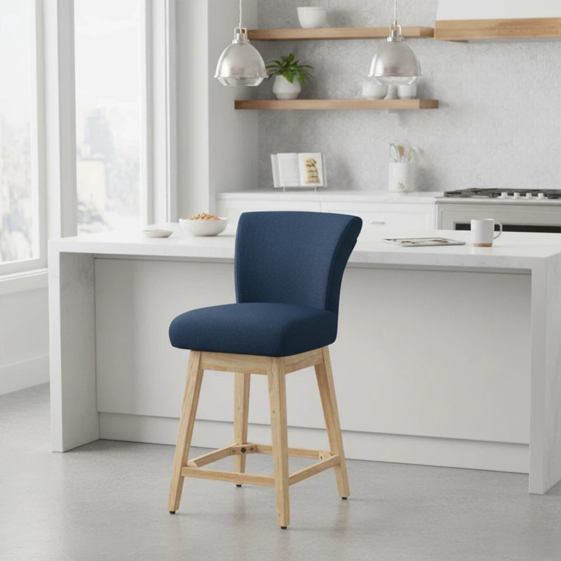 Tabouret de bar pivotant à 360 °, base en métal et en bois massif, mousse certifiée Certipur-US, tabourets en tissu de lin pour la maison / le bureau / la famille d'accueil / le café