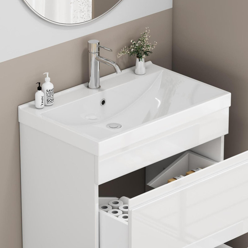 Lavabo de salle de bain en céramique durable, design moderne blanc brillant de 24 pouces