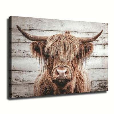 Highland Cow Portrait On Weathered White Wooden Board Background, Large Gallery Wrapped Canvas Wall Art Print For Living Room Bedroom