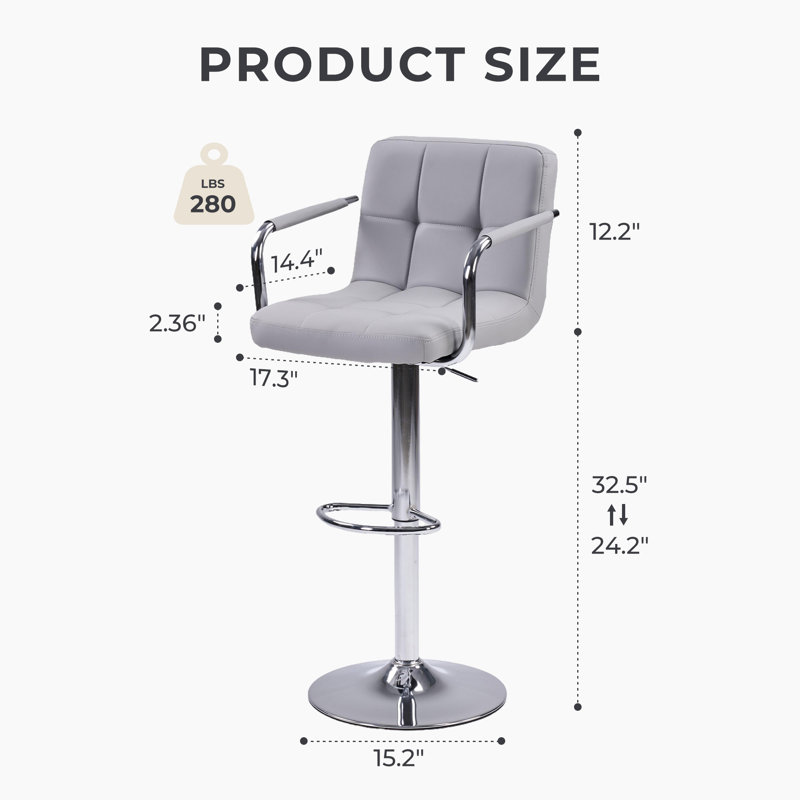 Set of 2 Industrial Swivel Bar Stools with Armrests, Ergonomic PU Leather Counter Stool for Kitchen Island & Home Bar, Gray