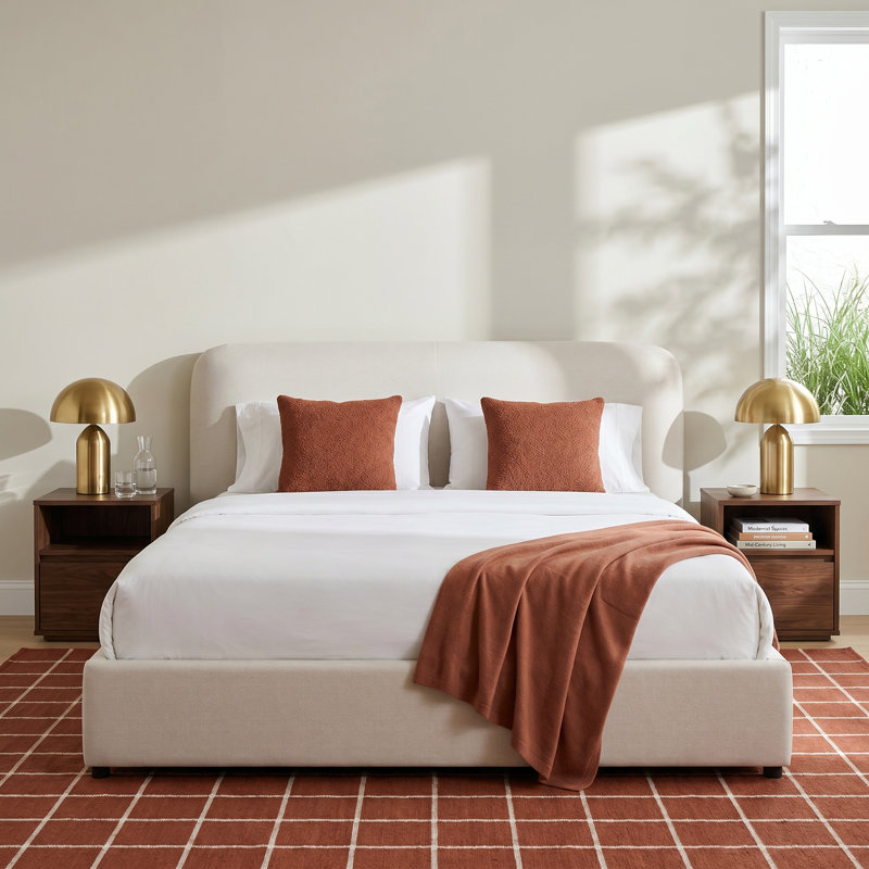 Crosby Upholstered Low Profile Platform Bed, Queen, Beige Basketweave