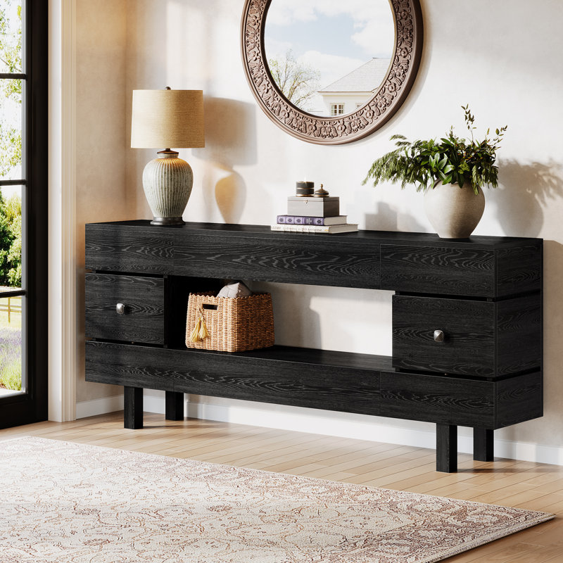 70.9" Console Table, Modern 2-Tier Entryway Table with Storage Drawers, Black