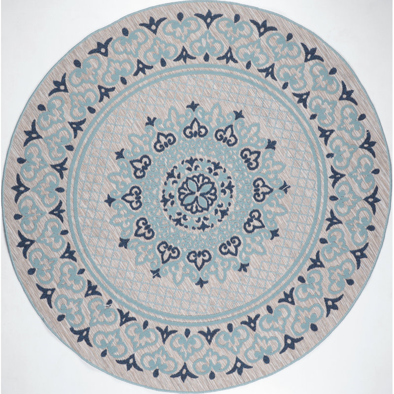 Tapis floral intérieur / extérieur bleu, Rond 6 pi 7 po