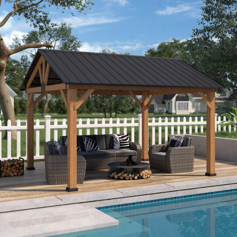 Permanent Wood Gazebo 13 Ft. W x 11 Ft. D Solid Wooden Patio Gazebo, Black