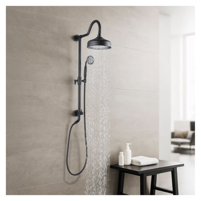 Système de pomme de douche à pluie 8 pouces avec douchette à main, noir mat - technologie d'injection d'air, douchette à 3 fonctions, luminaire de douche mural en laiton