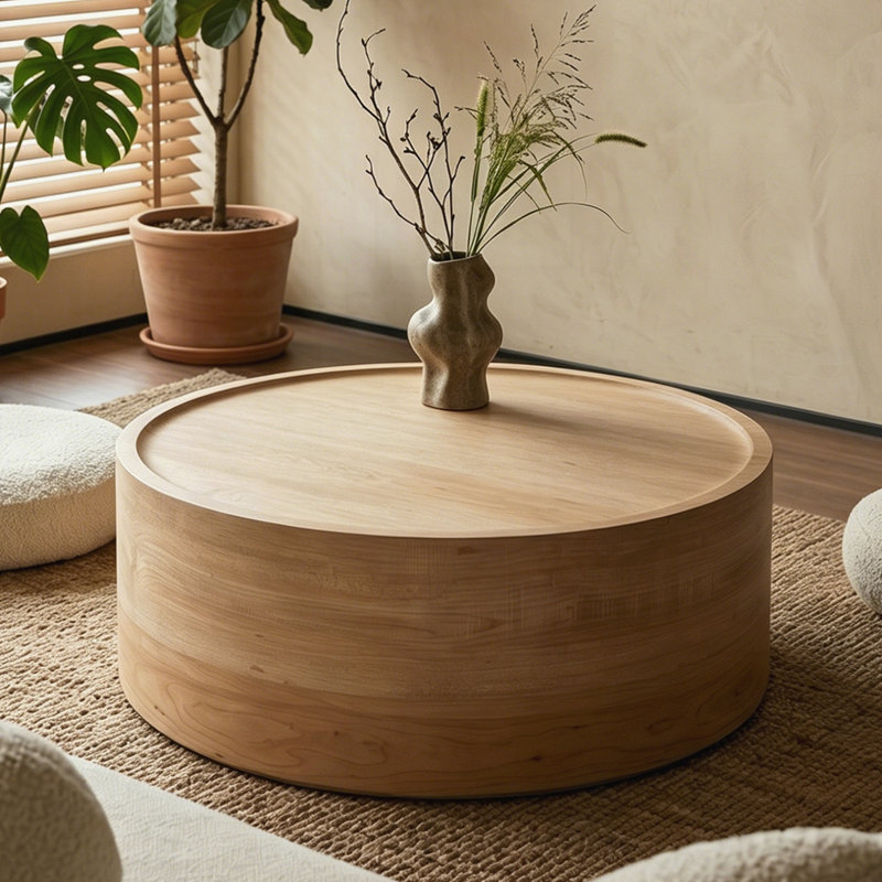 Table basse ronde de 31,5 po avec grain de bois naturel pour le salon, table basse à tambour rond pour le salon, sans assemblage