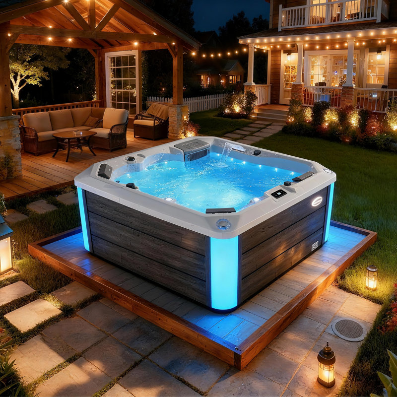 MONALISA 6-Person Massage Hot Tub, Single-Lounger Acrylic Outdoor Spa w/ Cover, Bluetooth, Ozonator, 35-Jet, LED light