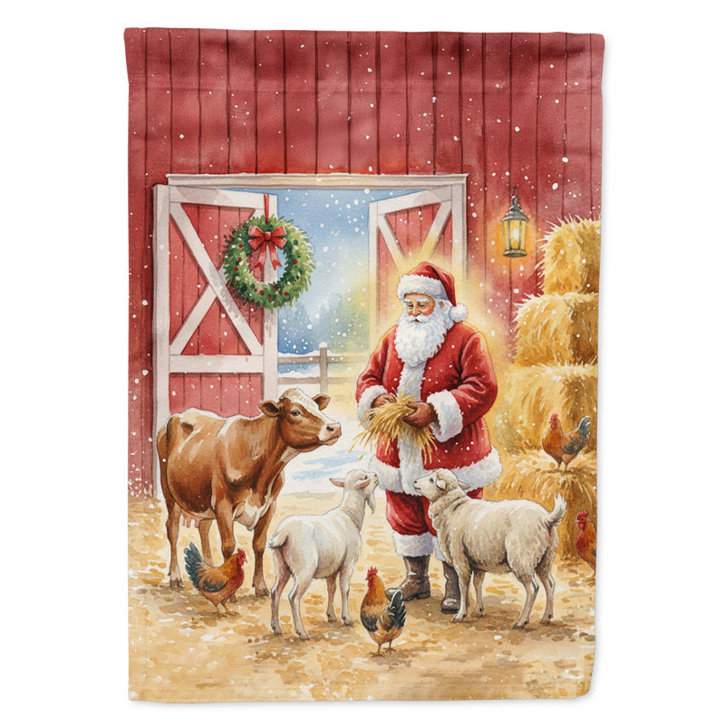 Père Noël dans la grange avec animaux Drapeau de la maison de Noël, House Size, Père Noël dans la grange avec des animaux