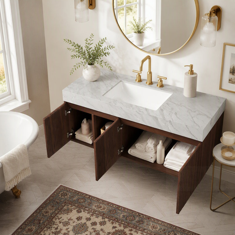 Meuble-lavabo avec lavabo suspendu et rangement intégré, comptoir en pierre frittée veinée gris Carrara, lavabo en céramique, 3 trous pour robinetterie