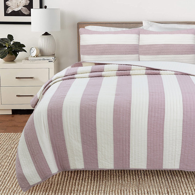 Brinley Cotton Striped Quilt, King Quilt + 2 Shams, Purple/White