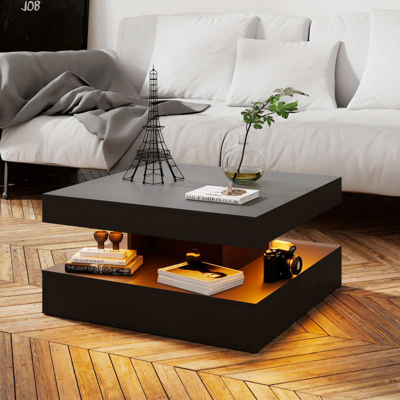 Table basse DEL avec rangement Moderne avec lumières DEL réglables, H 15,7 po x L 30,7 po x l 30,7 po, Noir mat
