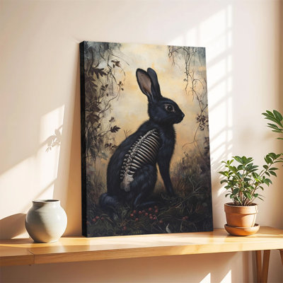 Squelette partiel de lapin noir gothique sombre dans une forêt mystérieuse, peinture à l'huile sur toile tendue grand format, idéale pour le salon ou la chambre.