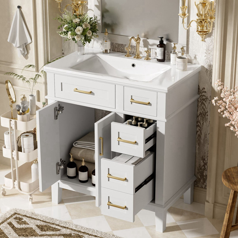 Meuble-lavabo autoportant de 30 po avec lavabo en céramique, Blanc