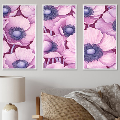 "Euphoria" rose et mauve coquelicots - ensemble de reproductions d'art mural fleurs