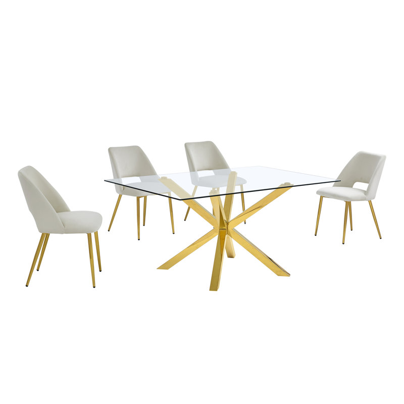 Ensemble de salle à manger rectangulaire en verre 63 po x 39 po avec chaises d'appoint en velours et base dorée, Crème, 5