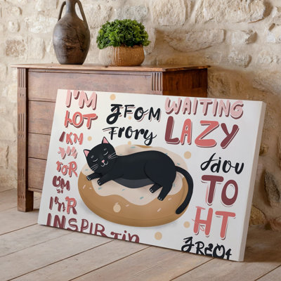 "Toile", création d'une illustration fantaisiste mettant en vedette un chat noir décontracté se prélassant sur un coussin en forme de beignet surdimensionné