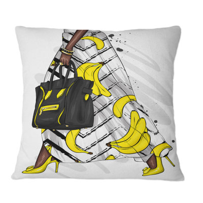Dress With Banana Print With Black Bag - Modern Printed Throw Pillow