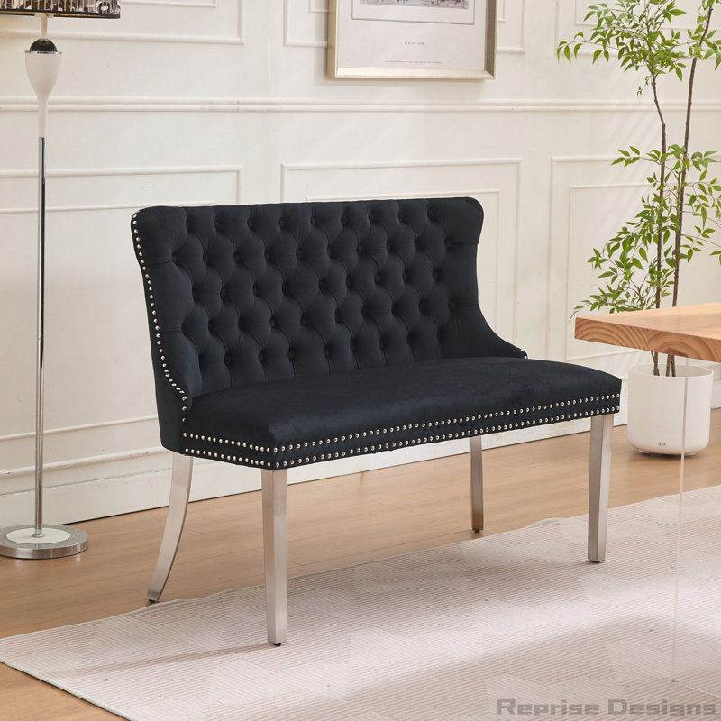 Velvet Double Loveseat Bench, Kitchen & Dining Seating, 2-Seat Tufted Bench with Handmade Buttons, Black, Silver