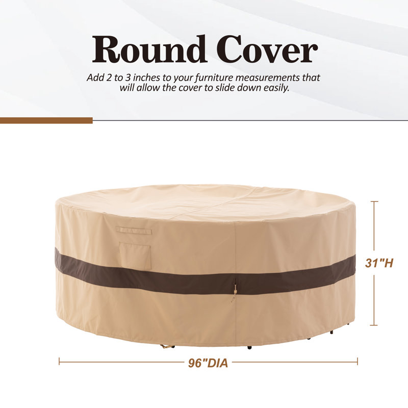 Waterproof Outdoor Patio Table Cover, 96"DIA x 31"H, Heavy Duty Rip Stop, 3 Year Warranty, Beige & Coffee