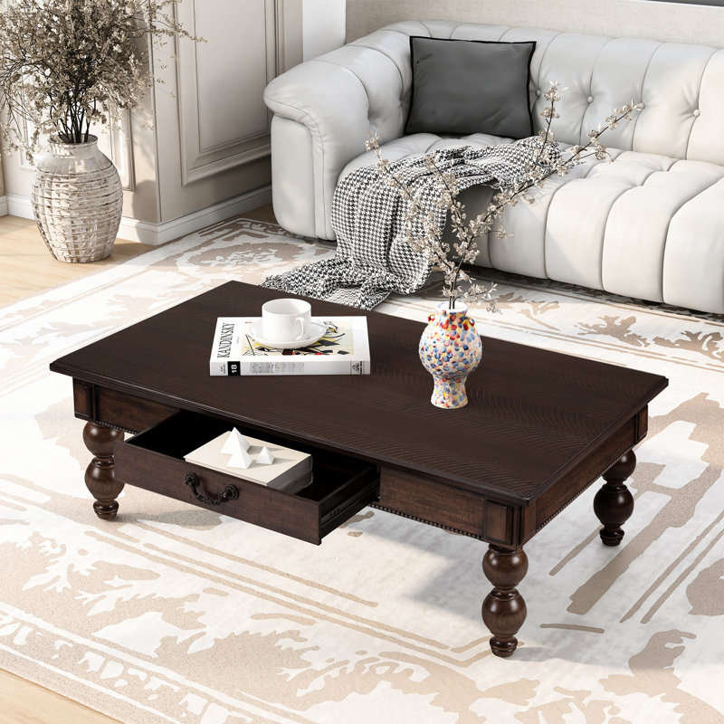 Table basse rectangulaire rétro avec tiroir de rangement, pieds en forme de gourde et placage, table de charge de 330 lb, bois d'hévéa pour la décoration intérieure