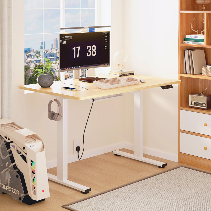 Adjustable Standing Desk, Whole-Piece Desktop, Maple/White, 48" W x 30" D