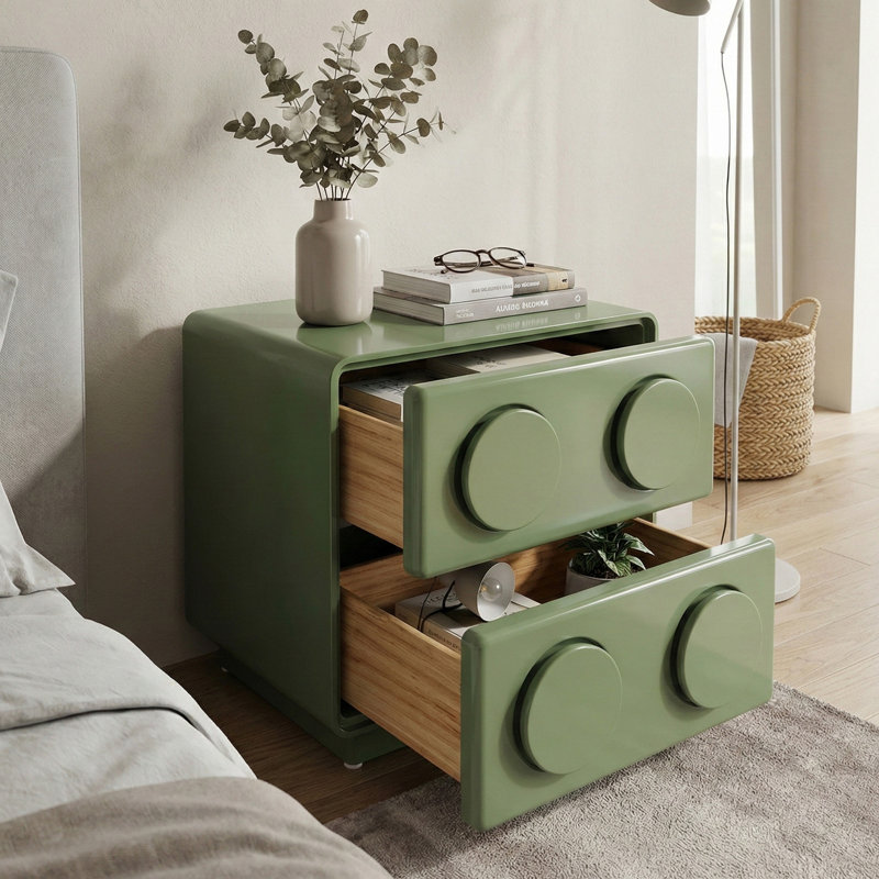 Green 2-Drawer Nightstand with Built-In Round Pulls - Lego-Style Bedroom Storage End Table