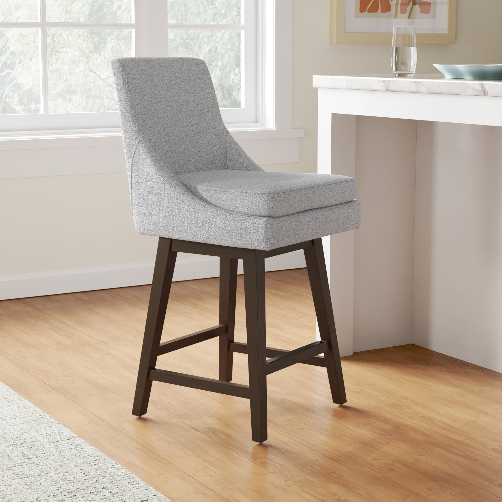 Zahara Upholstered Swivel Counter Stool, Nathan Gray Heathered/Walnut, Counter Stool (26” Seat Height)