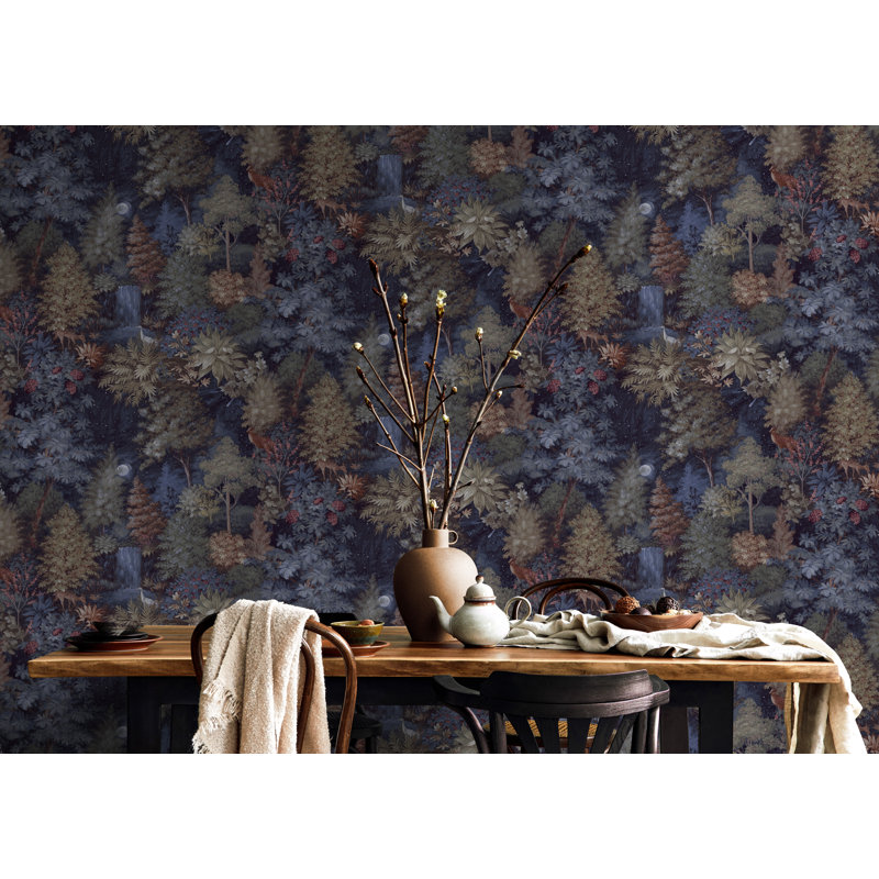Papier peint bleu marine Midnight Woods, Bleu marine/bleu