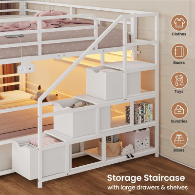 Twin Over Twin Low Bunk Bed With Storage Staircase, Drawers And Shelves, Led Lights, Power Outlet, Full-length Guardrail, For Small Space