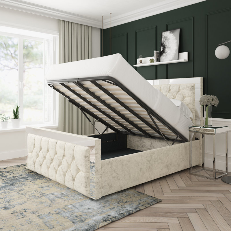 Sage Crushed Velvet Upholstered Ottoman Bed Frame, Cream, Double (4'6)