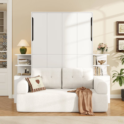 Queen Size Wall Murphy Bed With Sofa And Storage Cabinets, Space-Saving Wall Bed For Home Office & Guest Room