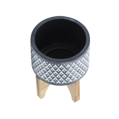 Ceramic 5" Aztec Planter On Wooden Stand